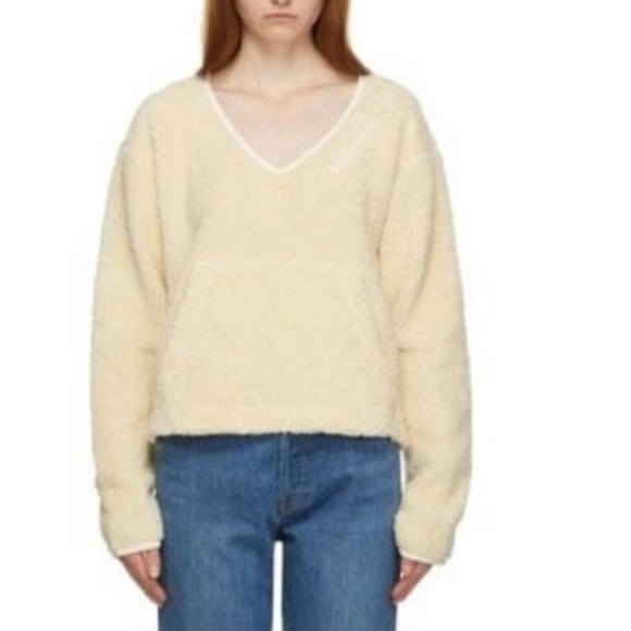 NWT Helmut Lang Shaggy Fleece V Neck Sweater Cream Oversized Faux Fur Sz L - Picture 16 of 16